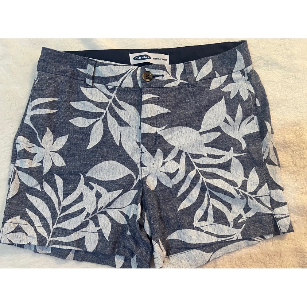 Old Navy Shorts Womens Navy Blue White Tropical Floral Leaf Print Chino